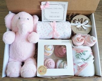 Baby Shower Gift, Deluxe Baby Gift Box, Baby Girl Set, Baby Boy Gift Basket, Swaddle Blanket, Milestone Photo Prop, Bodysuits, Towel, Toy