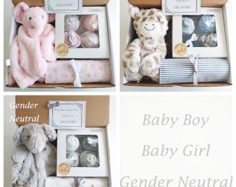 Baby Shower Gift, Baby Girl Gift, Baby Boy Gift, Gender Neutral Gift, Baby Gift Basket, Blanket, Bodysuits, Bib, Washcloth, Stuffed Animal