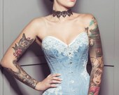 BESPOKE Pale Blue overbust corset with Ivory Lace appliqué