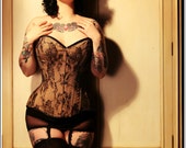 BESPOKE nude and black lace overbust corset