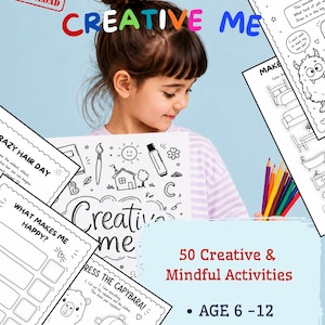 May include: A collection of printable activity sheets titled Creative Me, featuring black and white line art illustrations for coloring and drawing. The pages include prompts like Crazy Hair Day, What Makes Me Happy, and Dress the Capybara.