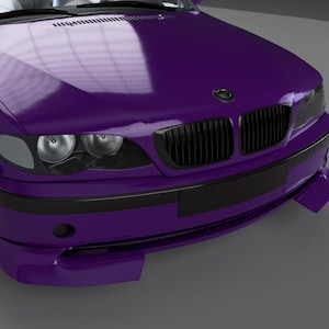 May include: A close-up of a purple car with a black grill and headlights. The car has a glossy finish and is parked on a gray surface. The car's hood reflects the surrounding environment.