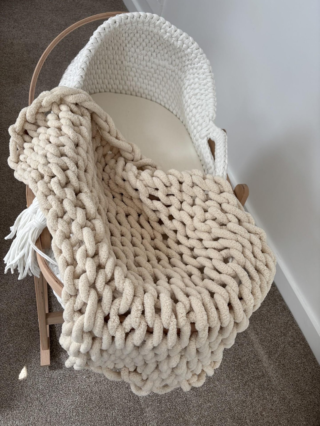 Hand Knit Chunky Baby Blanket, Neutral Chenille Yarn, Pram Blanket - Etsy