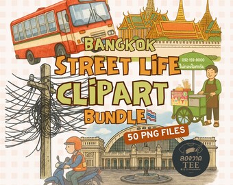 Bangkok Street Life Clipart Bundle | 50 Hand-Drawn Thai Culture PNGs | Transparent Background | Commercial Use