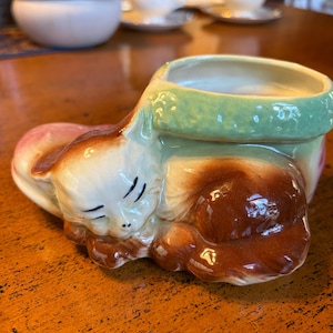 May include: A ceramic planter shaped like a sleeping cat with brown and cream fur, featuring a light green textured rim around the opening. The cat has closed eyes and is curled up, with the planter opening positioned behind its head and back.
