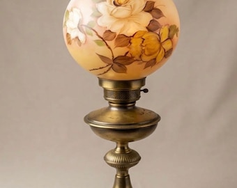 Antique electrified oil lamp with hand painted frosted Glass Globe GWTW