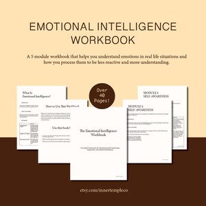 以下が含まれることがあります： 「Emotional Intelligence Workbook」というタイトルのワークブック。テキスト「Over 40 Pages!」と説明文：現実の状況での感情を理解し、反応を少なく、より理解を深めるための5つのモジュールワークブック。