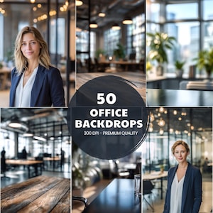 Puede incluir: Un collage de fondos de oficina, con una mujer con blazer y varias escenas de interiores de oficina. La imagen incluye el texto "50 OFFICE BACKDROPS 300 DPI - PREMIUM QUALITY". Los fondos muestran espacios de oficina modernos.
