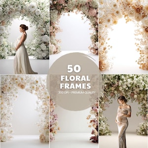 Peut inclure: Un collage de cadres floraux sur fond neutre. Les cadres sont décorés de fleurs blanches, roses et pêche. Le texte "50 Floral Frames" est affiché au centre, avec "300 DPI - Premium Quality".