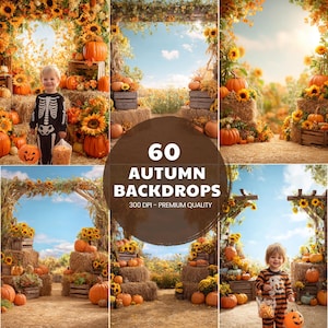 Peut inclure: Un collage de décors d'automne avec des citrouilles, des tournesols et des bottes de foin. Des enfants en costumes sont également présents. Les décors ont une esthétique rustique de récolte, avec le texte "60 AUTUMN BACKDROPS" et "300 DPI - PREMIUM QUALITY".