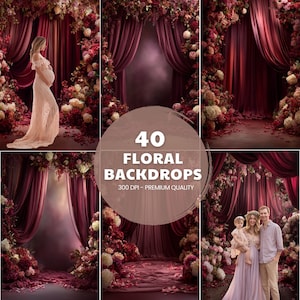 Burgundy Floral Drapes Backdrop, Red and Blush Rose Digital Backdrop for Portrait Photography, Romantic Studio Background, Maternity