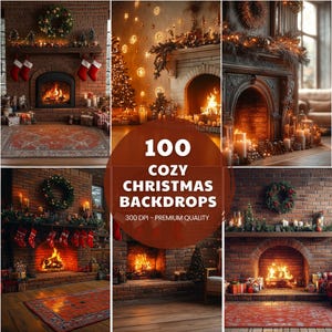 Christmas Fireplace Digital Backdrop: Old Masters Painterly Style Living Room Scene, Christmas Tree,