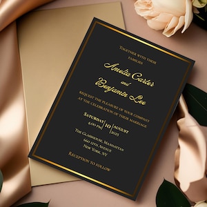 simple and elegant Black and Gold Wedding Invitation Template | Elegant Luxury Formal Editable Canva Download | Digital Wedding Suite