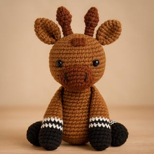May include: A handmade crochet giraffe toy in shades of brown, with black and white accents on the legs. The giraffe has a detailed face with small black eyes and a dark brown muzzle. The ears and horns are also brown.