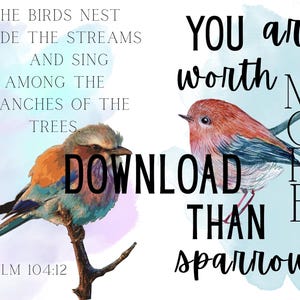 May include: Watercolor illustration featuring two birds perched on branches. The image includes text that reads "YOU are worth MORE than sparrows" and "THE BIRDS NEST BESIDE THE STREAMS AND SING AMONG THE BRANCHES OF THE TREES".