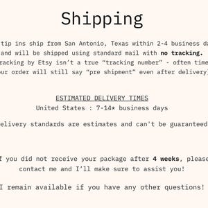 May include: A document with a light cream background and black text. The header reads Shipping. The text details shipping from San Antonio, Texas, within 2-4 business days, estimated delivery times of 7-14 business days, and contact instructions.