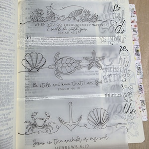 Op de afbeelding: Bijbeljournaling-kit met drie transparante overlays met zwarte lijntekeningen van zeeleven en inspirerende citaten. Bevat ontwerpen van walvissen, zeeschildpadden, zeesterren, krabben, ankers en schelpen. Verzen zijn onder meer Jesaja 43:2, Psalm 46:10 en Hebreeën 6:19.