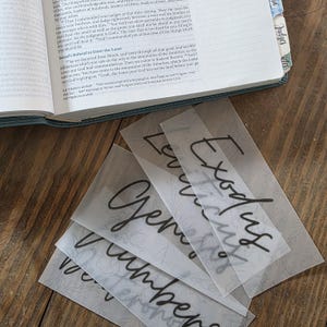 May include: A collection of translucent Bible verse bookmarks with black calligraphy. The bookmarks are labeled with the names of books from the Bible: Genesis, Exodus, Leviticus, and Numbers. The bookmarks are placed on a wooden surface next to an open Bible.