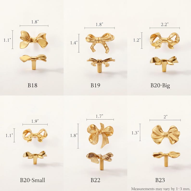 Może przedstawiać: Sześć złotych metalowych gałek meblowych w kształcie kokardek, oznaczonych jako B18, B19, B20-Big, B20-Small, B22 i B23. Każda gałka jest pokazana z przodu i z profilu, wraz z nadrukowanymi wymiarami w calach od 1,1 do 2,2 cala.