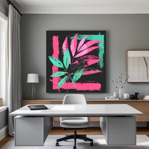 Neon-Dschungelblatt-Wandkunst - Tropisches rosa und grünes Leinwandbild - mutiges botanisches Abstraktes für moderne Innenräume