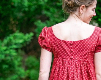 Regency Dress, Size 8, Jane Austen Dress, High Waisted, Regency Gown, Red Cotton Print, Bridgerton Dress, Christmas Dress