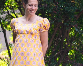 Regency Dress, Size 6, Jane Austen Dress, High Waisted, Regency Gown, Mustard Indian Block Print, Bridgerton Dress
