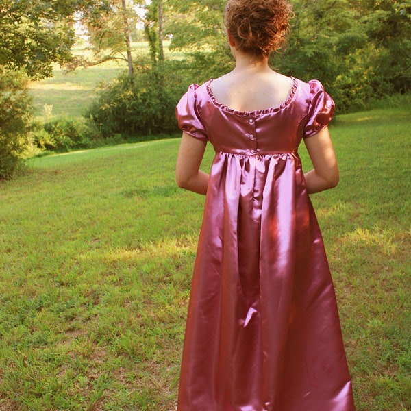 Rose Satin Regency Dress, Reenactment Costume, and Formal Ball Gown, 11 Junior, 12 Misses