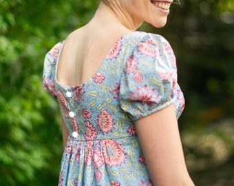 Regency Dress, Size 6, Jane Austen Dress, High Waisted, Regency Gown, Blue Floral, Indian Block Print