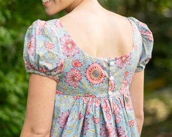 Regency Dress, Size 4, Jane Austen Dress, High Waisted, Regency Gown, Blue Floral, Indian Block Print