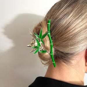 Green Bamboo Hair Clip, Metal Leaf Hair Claw, Big Boho Hair Clamp, Elegant Hair Accessories, Gift For Plant Lover, Unique Gift For Her