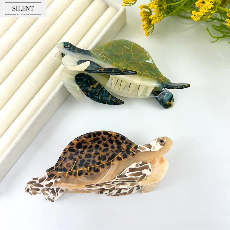 Turtle Hair Clip, Sea Ocean Animal Hair Claw, Green Brown Acetate Hair Clamp, Fun Hair Accessories, Beach Hair Clip, Turtle Lovers Gift