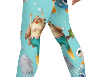 Leggings with Mermaids, Cartoon Mermaid leggings, Mermaid leggings