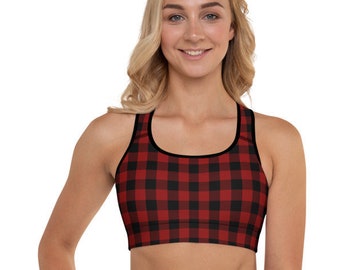 Plaid sports bra, black and red sports bra, yoga sports bra, runners sports bra, workout sports bra, sports bra for women's exercise