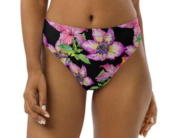 Hibiscus Flower and Black Recycled high-waisted bikini bottom