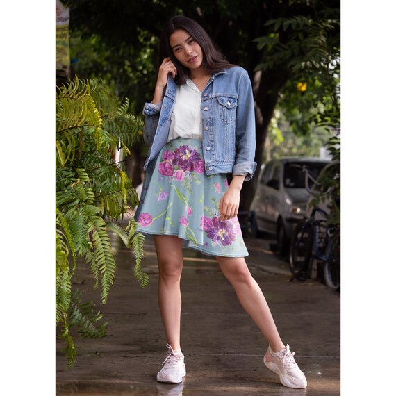 Floral Skater Skirt With Purple Flowers on Blue Etsy