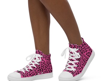 Bright Pink Leopard Print Women’s high top canvas shoes