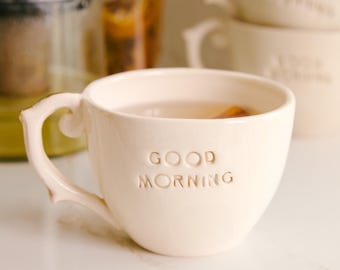 Handmade Ceramic Coffee Mug, Good Morning Embossed Design, 8 oz