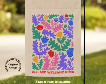 All Are Welcome Here Garden Flag, Garden Welcome Sign, Fabric Garden Flag, Rainbow Garden Flag, Inclusivity Yard Sign