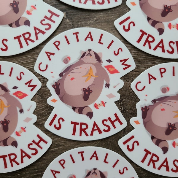 Capitalism is Trash Sticker, Funny Vinyl Waterproof Sticker, Anti Capitalist Sticker, Socialist Sticker, Capitalism Sucks, Raccoon Sticker