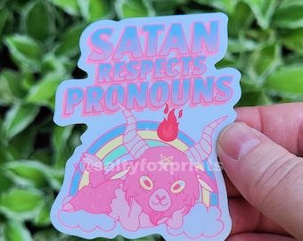 Satan Respects Pronouns Sticker, Trans Pride, LGBTQIA Pride Sticker, Respect Peoples Pronouns, Cute Baby Baphomet, Vinyl Waterproof Sticker