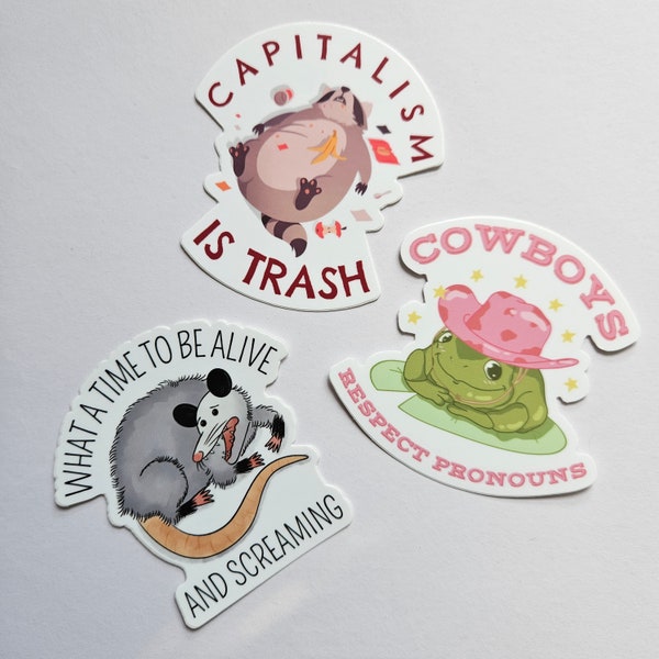 Sticker 3 Pack, What a Time to be Alive and Screaming, Cowboys Respect Pronouns, Capitalism is Trash Sticker, Cute Animal Funny Sticker Pack