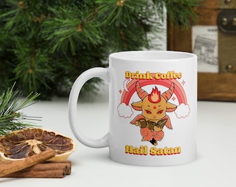 Drink Coffee Hail Satan Coffee Mug, Cute Baphomet Coffee Mug, Satanic Gift for Satanist, Baby Baphomet Drinking Coffee