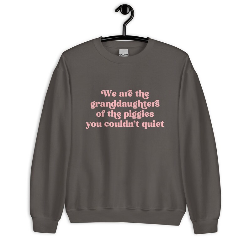 Pode incluir: Camisola cinza escuro com o texto rosa: "We are the granddaughters of the piggies you couldn't quiet". A pe&ccedil;a de roupa est&aacute; pendurada num cabide preto.