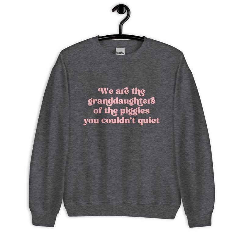 Pode incluir: Camisola cinza escuro com o texto rosa "We are the granddaughters of the piggies you couldn't quiet". A pe&ccedil;a de roupa est&aacute; pendurada num cabide preto.