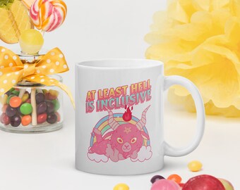 Cute Baphomet Coffee Mug, At Least Hell is Inclusive, Satanic Coffee Mug, Gift for Atheist, Baby Baphomet, Pink Baphomet, Satanic Gift