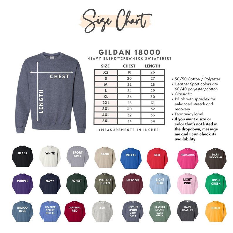 K&ouml;nnte beinhalten: Gr&ouml;&szlig;entabelle f&uuml;r Gildan 18000 Heavy Blend Crewneck Sweatshirts. Die Tabelle zeigt Brust- und L&auml;ngenma&szlig;e in Zoll f&uuml;r die Gr&ouml;&szlig;en XS bis 5XL. Die Tabelle listet auch die Stoffzusammensetzung und Passformdetails auf. Ein Farbmuster-Diagramm zeigt 18 verschiedene Farben.