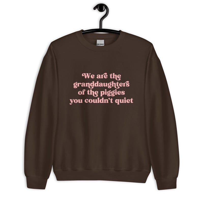 Pode incluir: Um moletom marrom escuro com o texto "We are the granddaughters of the piggies you couldn't quiet" em letras rosa. O moletom est&aacute; pendurado em um cabide preto.