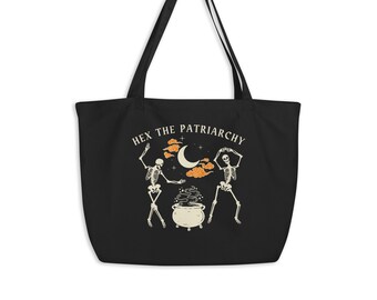 Hex the Patriarchy Large Tote Bag, Feminist Canvas Tote Bag, Halloween Tote Bag, Dancing Skeletons Bag, Anti Patriarchy Fall Bag