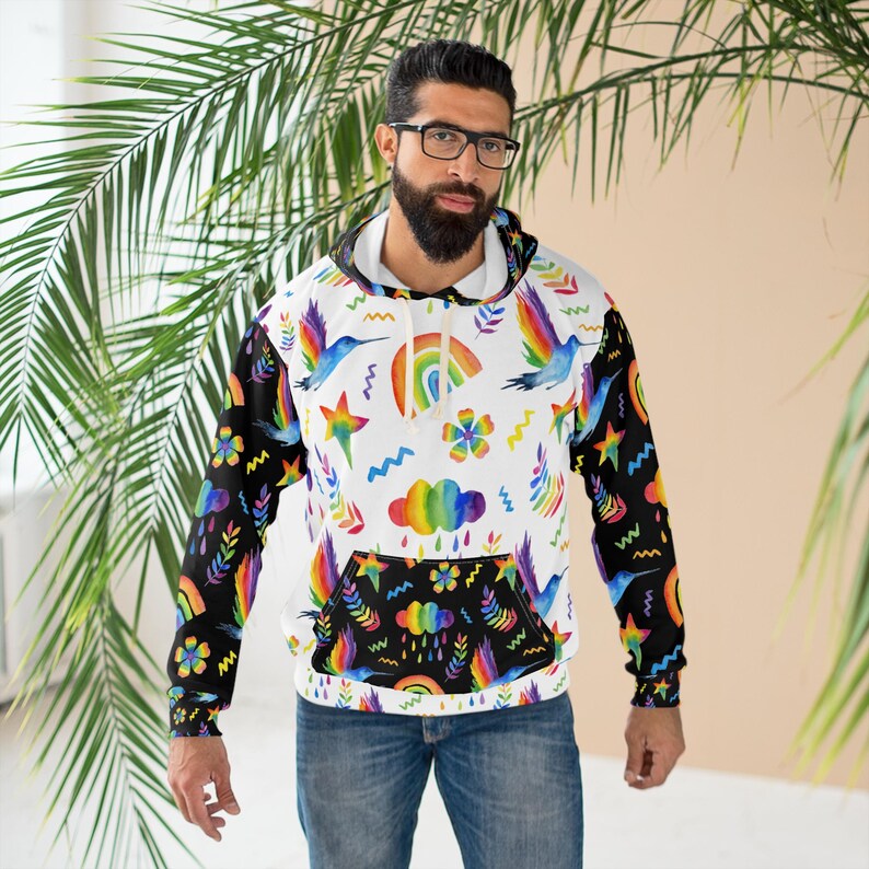 Artistic Apparel - Sudadera unisex con capucha arcoíris acogedora: ropa de estar colorida para todos los días imagen 5