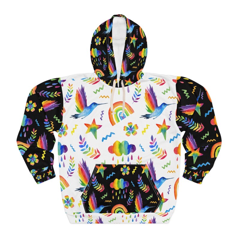 Artistic Apparel - Sudadera unisex con capucha arcoíris acogedora: ropa de estar colorida para todos los días imagen 2